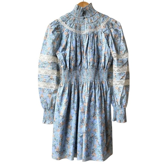 HUNTER BELL Blue Lace Smocked Neck Ryan Dress Ditsy Floral Sz XS - Picture 9 of 16